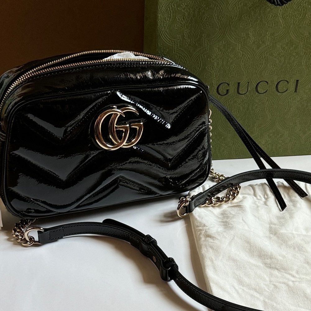 NEW Gucci Marmont Camera Bag Black Patent Leather Crossbody Shoulder Beautiful!!